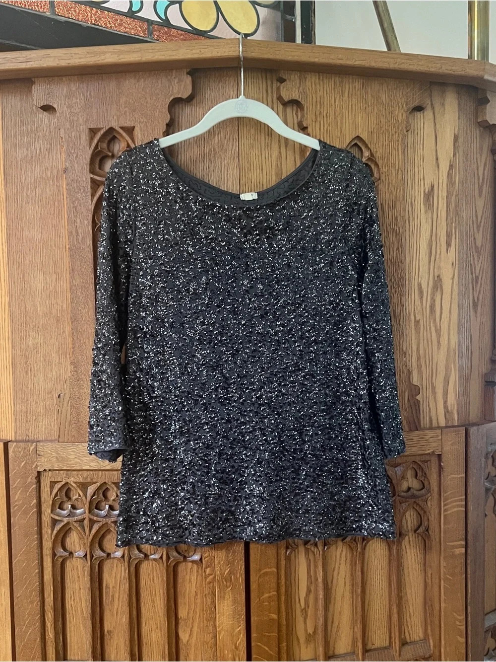 J. Crew Black Sequin Scoop Neck Top - Picture 1 of 3